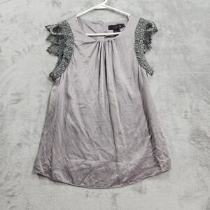 Isabel Lu Top Womens S Gray Silver Metallic Silk Lace Cap Sleeve Round Neck